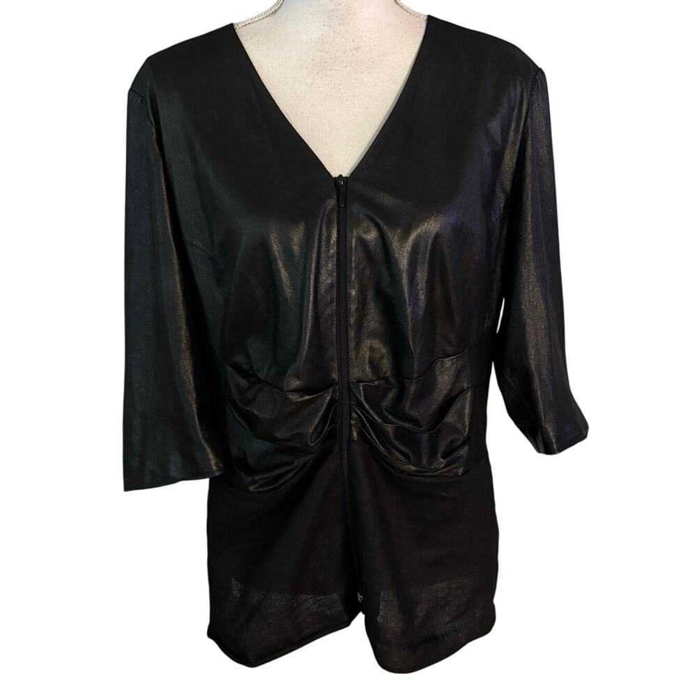 Lafayette 148 Size L Mixed Media Zip Front Top Leather Linen Stretch Knit FLAW